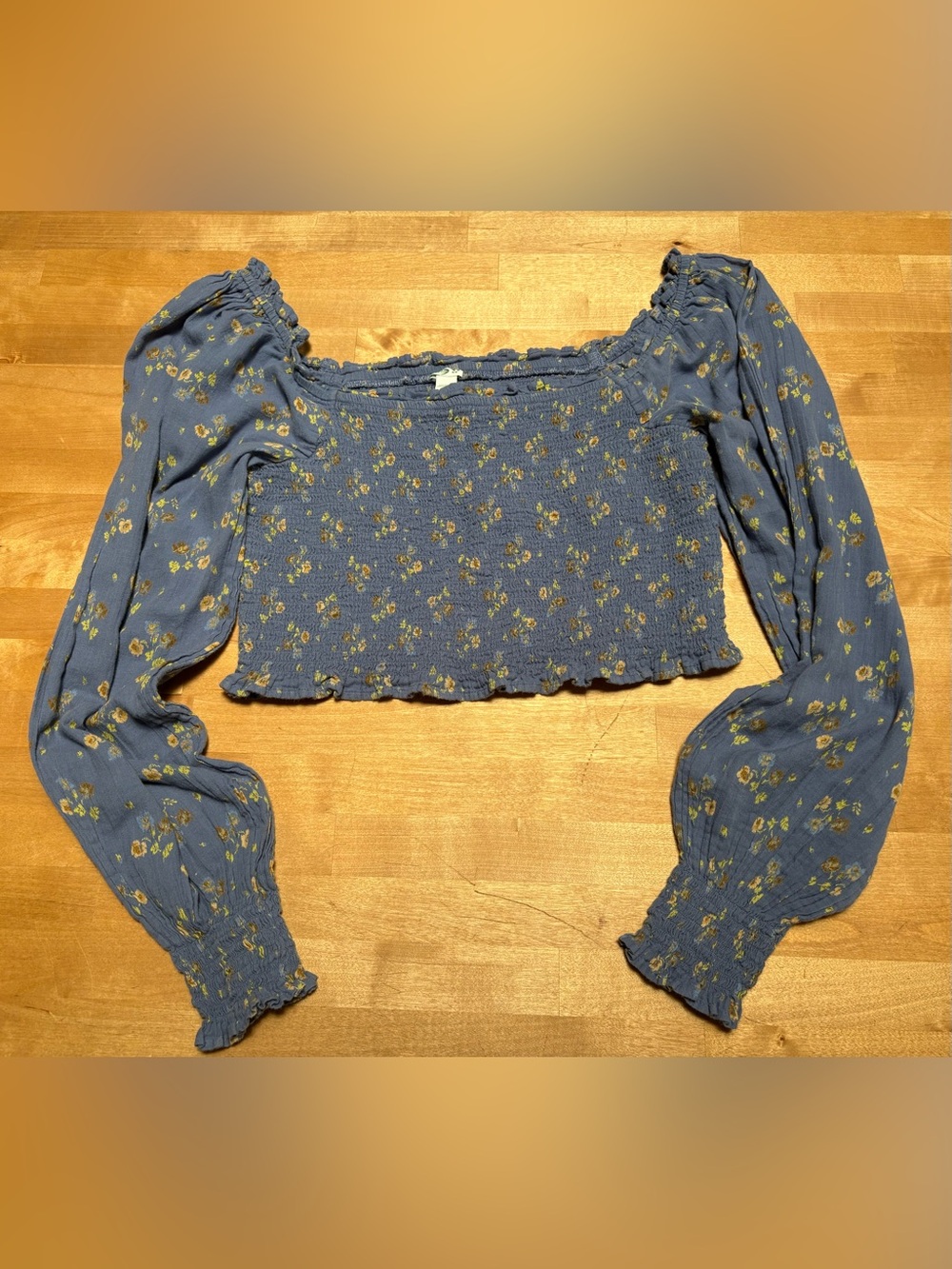 Aerie Smocked Floral Long-Sleeve Crop Top Blue Women’s Medium Stretchy Yellow